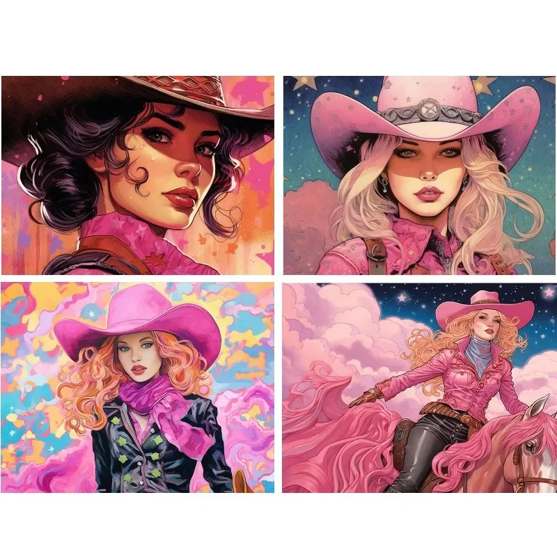 Handmade DIY 5d Diamond Painting Kit Pink Cowgirl Art Embroidery Diamond Mosaic Adventurous Woman Lady Home Decoration