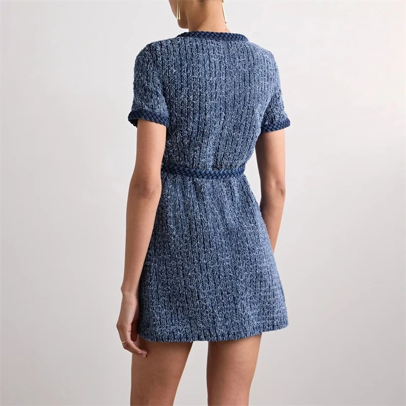 Autumn new square collar single breasted belted tweed denim blue short sleeves dress high quality fashion commuterStraight skirt