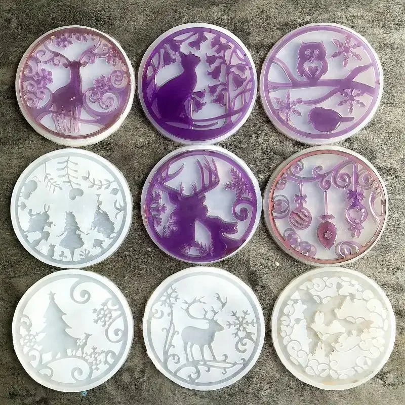 Resin Coaster Molds Silicone, Hollow Coaster Epoxy Molds with Butterfly, Deer, Tree, Candy, Cat Shapes, DIY Round Coaster Molds