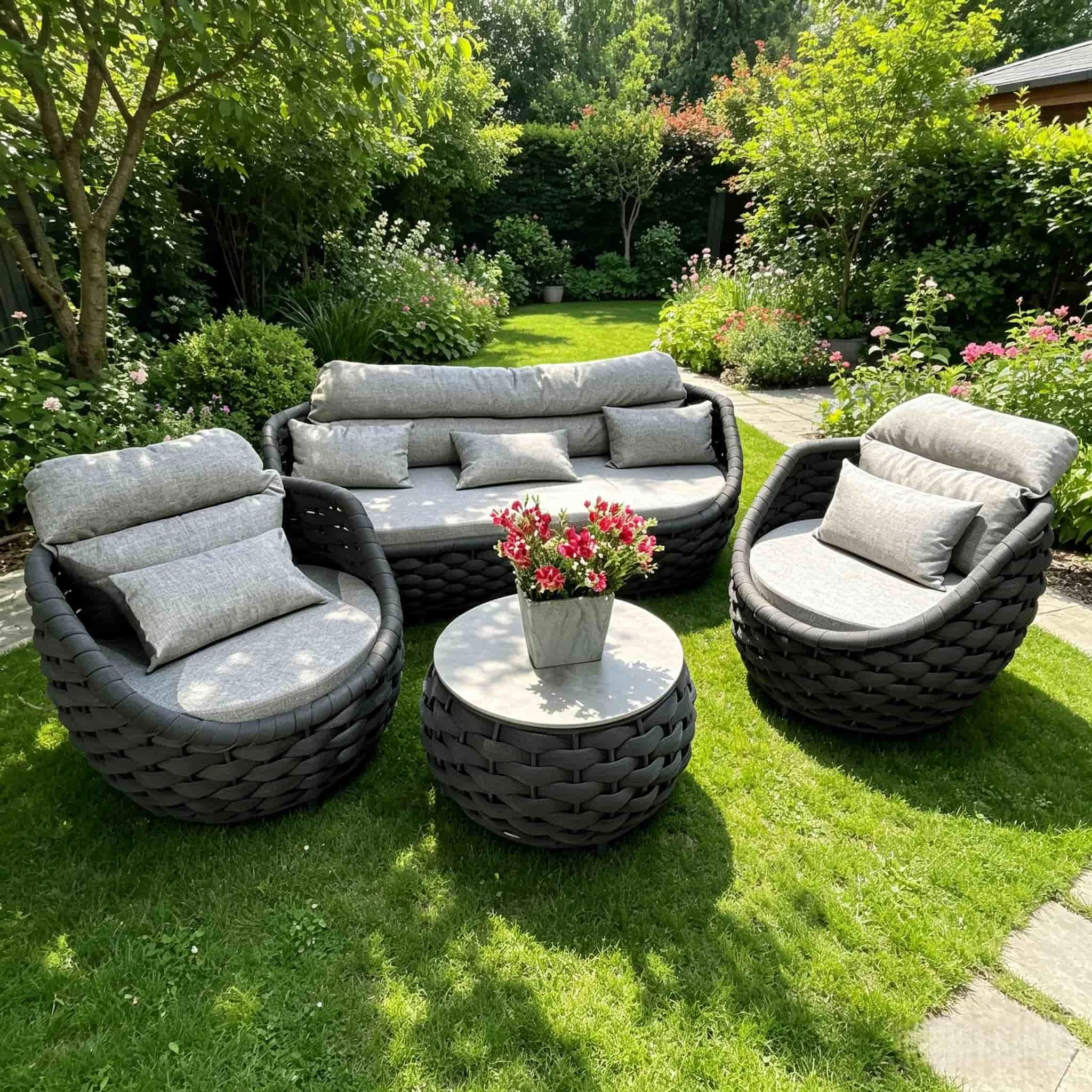 Nordic Outdoor Dining Sofa And Chair Three-Piece Set Rattan Garden Furniture Waterproof & Sun-Proof For Courtyard