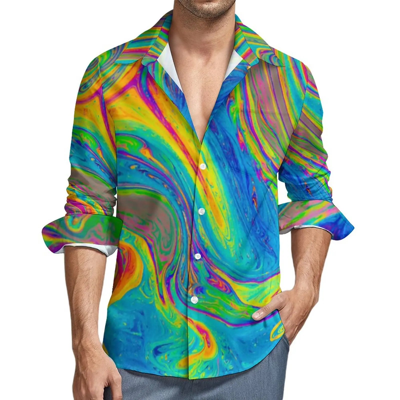 Chemise colorée imprimée néon pour hommes, chemisiers d'automne décontractés, vêtements à manches longues, revers, peinture, nouveauté