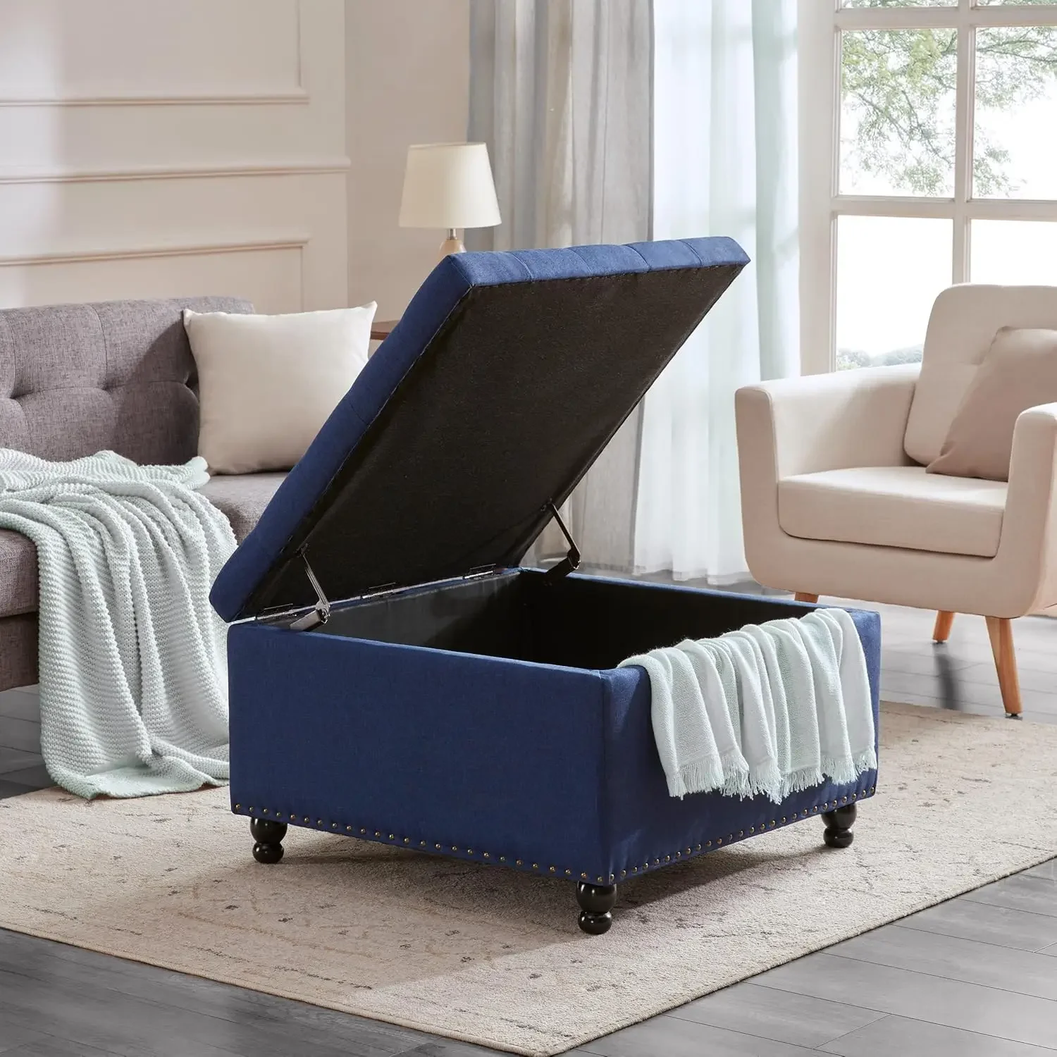 Grande Table Basse Carrée Tuftée avec Rangement, Banc Repose-Pieds Respiré pour Salon et Chambre à Coucher, Bleu