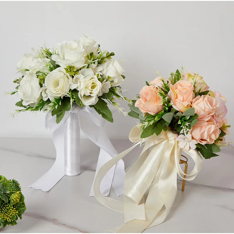 

Свадебные букеты для невесты, белое шампанское, искусственные розы, цветы для свадебного украшения церкви