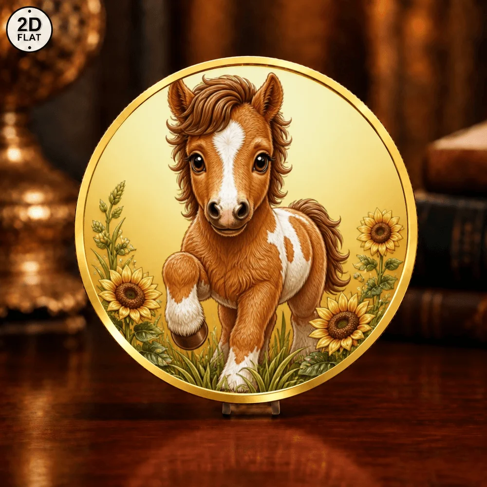 1pc Cute Highland Calf & Mini Pony 2D Print Metal Challenge Coin Farm Baby Animal Commemorative Medal Animal Fans Gifts