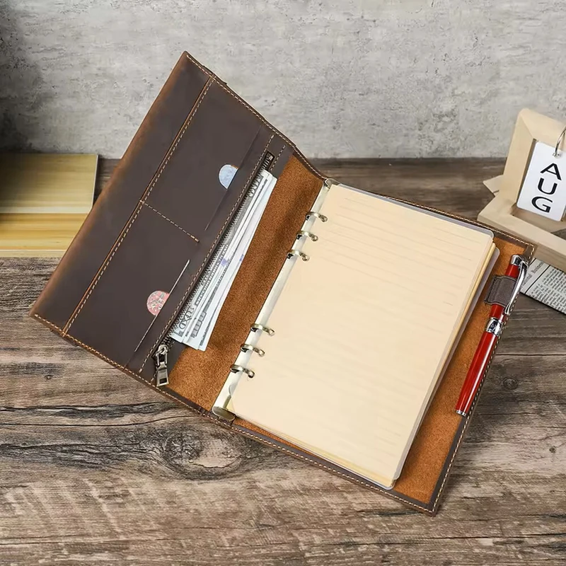 P+ Genuine Leather A5 Notebook Cover 6 Ring Binder Clip-on Loose Leaf File Folder