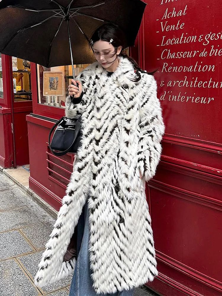 

Elegant Women Luxury Printed Faux Fur Overcoat Lapel Long Sleeve Loose Pockets Coat 2025 Winter Female Thicken Street Outerwear