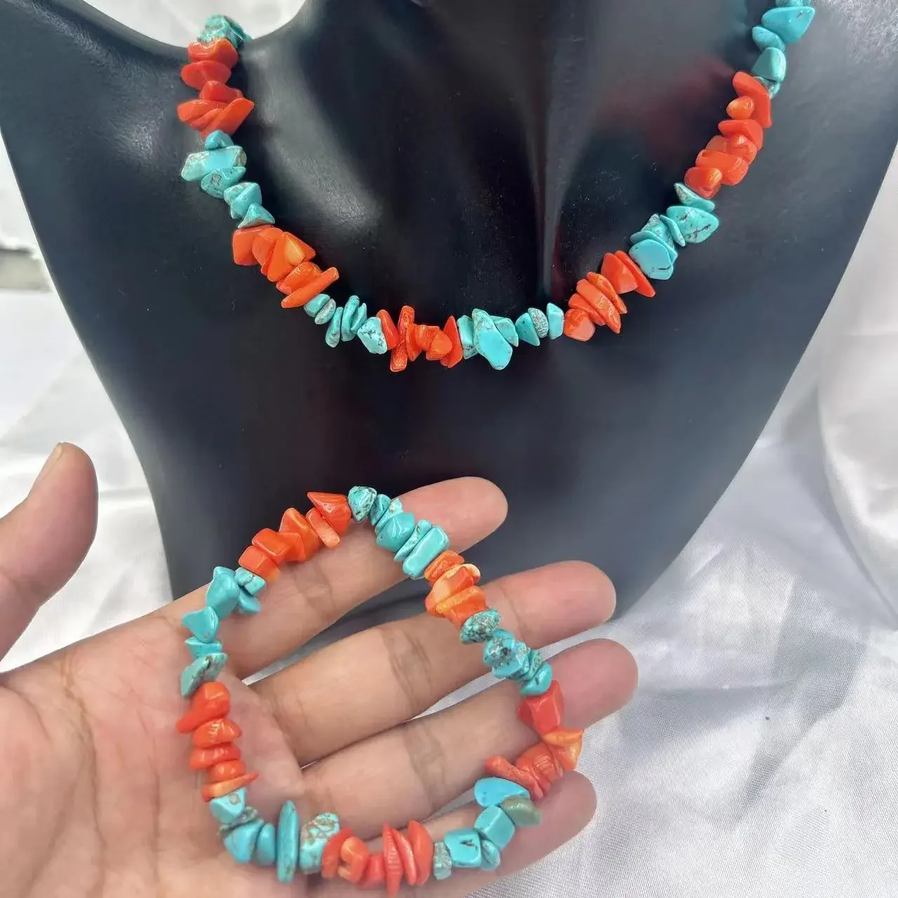 6-8mm Vintage Cute Elegant Chips Natural Sea Bamboo Orange Coral Turquoise Women Short Necklace Bracelet Jewelry Set 17