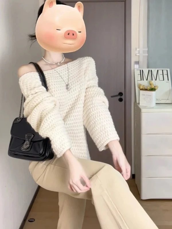 

Korean Sle Loose Knitted Sweater Beautiful Slant oulder Relaxing Aesthetic Unique Top Spring 2026 Faion Ladies' Clothing