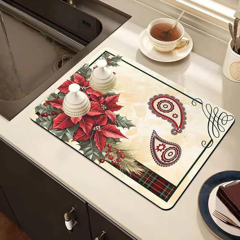 VIKAMA Kitchen Absorbent Mat Poinsettia Marble Black Non Slip Counter Dish Drying Christmas Decor