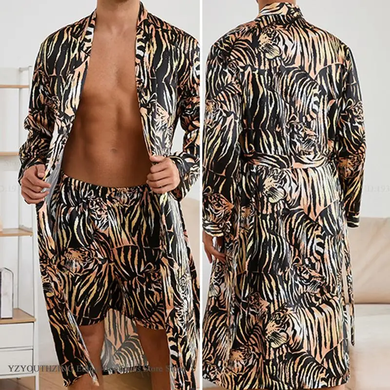

Men's Sleepwear Long Robe Shorts Set Print Tiger Kimono Bathrobe Gown Spring Summer Male Pajama Sleepwear Loose Satin Homewear