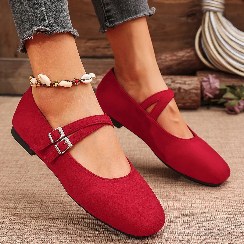 Double Buckle Red Ballet Flats Women 2025 Brand Designer Square Toe Mary Jane Shoes Woman Comfort Soft Sole Casual Walking Shoes