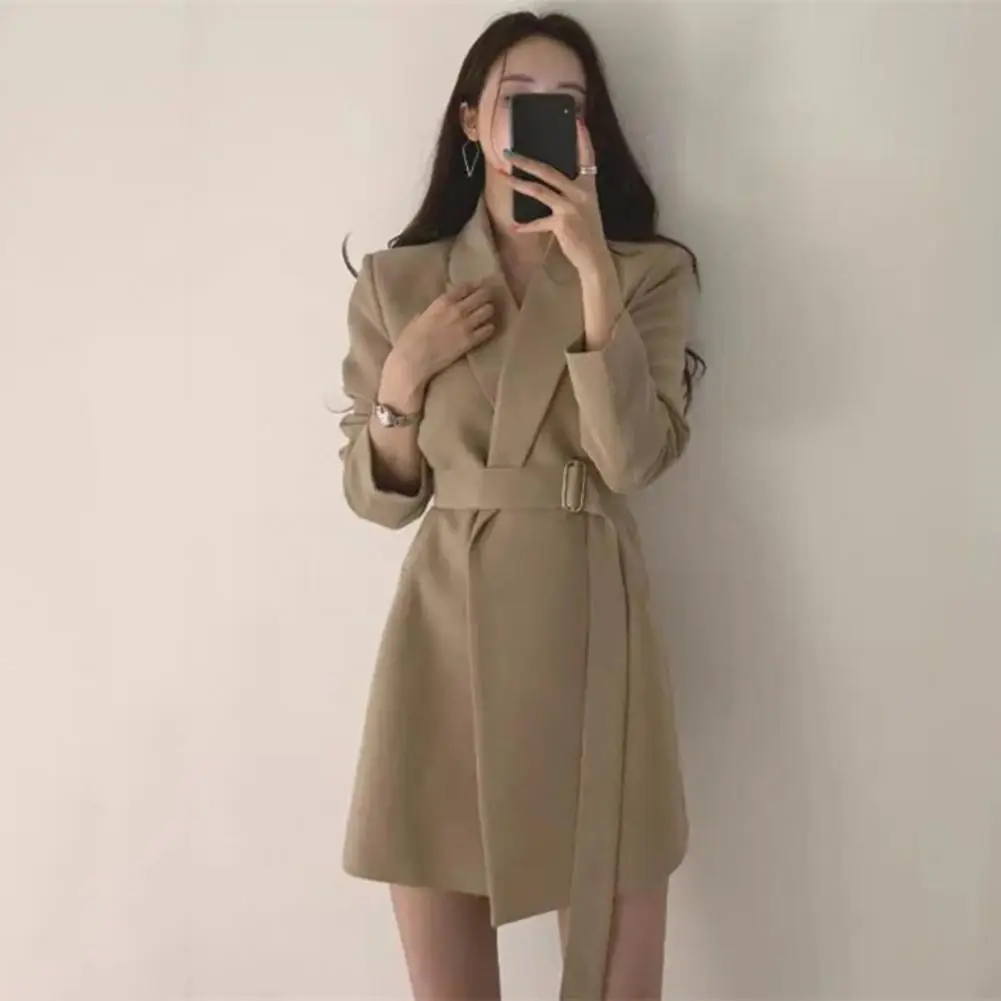 Suit Jacket Elegant Lapel Suit Coat for Women with Belt Long Sleeve Office Lady Outwear Jacket Solid Color Loose Fit with Side