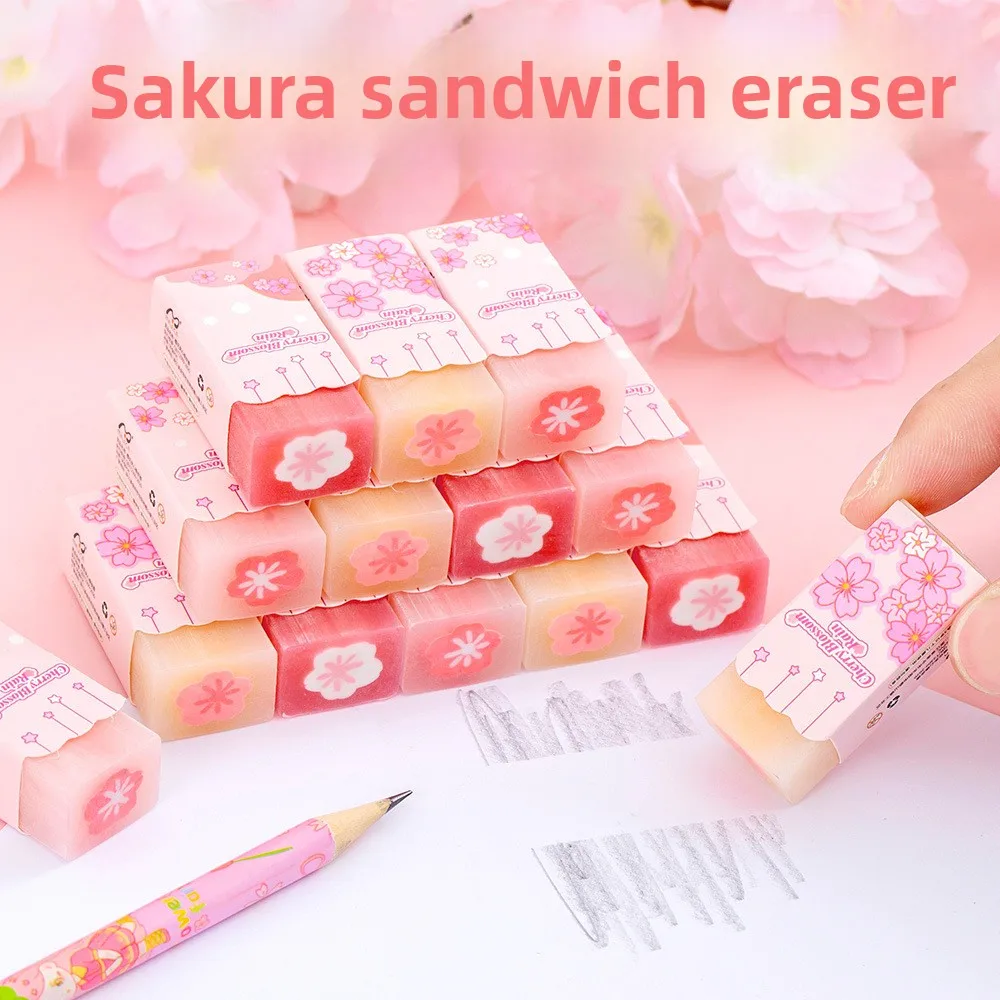 3Pcs/Lot Kawaii Cherry Blossom Sandwich Pencil Eraser Children Cute Less Debris Rubber Sakura Slice Erasers School Stationery