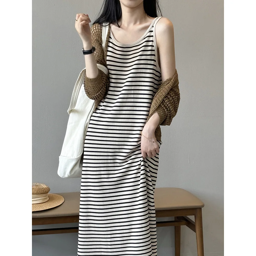 

Summer women's French suspender dress high-end striped thin knitted