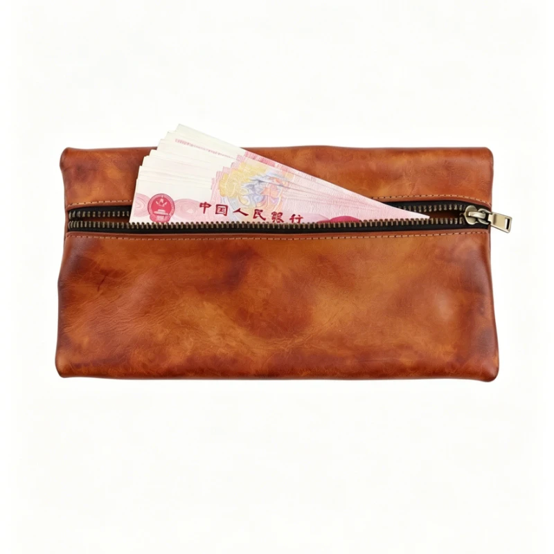 Genuine Leather Zipper Pouch, Multifunctional Small Clutch Wallet for Coins/Pen /Cards /Cables, Change Pouch for Men