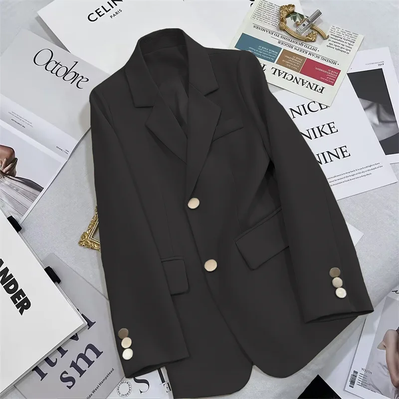 

Women's Casual Bla with Metal Buttons Korean Sle Suit Jaet Long Sve Polyester Commute Faion Spring Season
