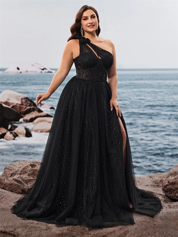 Lucyinlove Plus Size Luxury Skew-shouldered Applique Cake Dress Luxury Slit Formal Evening Dresses Elegant Graduation Party Gown 5