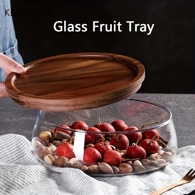 KEMORELA 1PCS Glass Food Storage Containers with Wooden Lid Kitchen Snack Fruit Candy Nut Sundries Storage Organizer for Kitchen