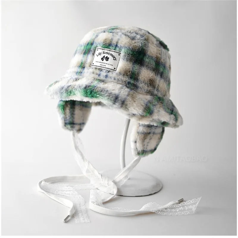 Autumn Winter Thickened Warm Plush Bucket Hat Men Women Outdoor Cycling Windproof Ear Protection Check Pattern Basin Hat