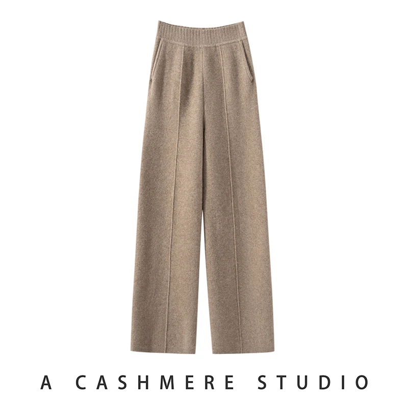 100% Cashmere Women Autumn Winter Elastic Waistband Pocket Wide-leg  Casual Loose Fashionable Comfortable Sporty Knitted Pants