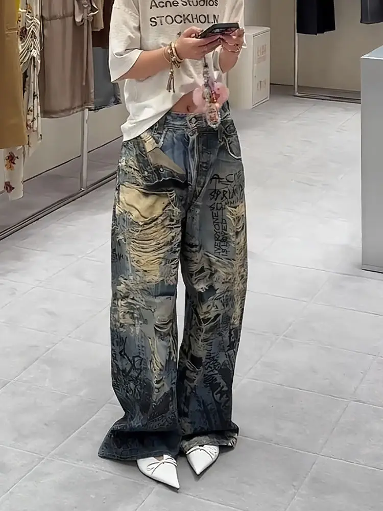 بنطلون جينز أمريكي عالي الشارع جديد ذو فتحة كبيرة مصبوغ قذرًا للسيدات Y2K Harajuku Punk سروال سبايس جيرل مطبوع عليه ألوان ممتد