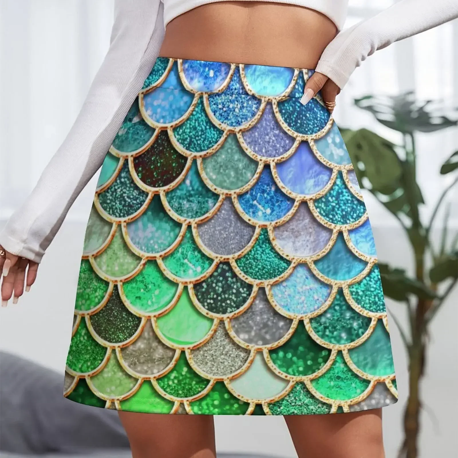 Green and Blue Sparkle Faux Glitter Mermaid Scales Mini Skirt Skort for women Woman skirts Miniskirt woman skirt skirt