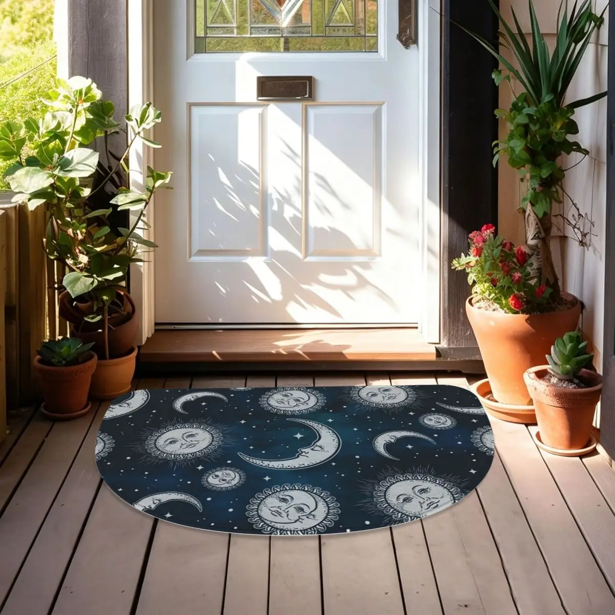 Celestial Mystic Esoteric Magic Sun Moon Flannel Half Round Doormat Non Slip Bathroom Mat Absorbent Floor Carpet for Bathroom