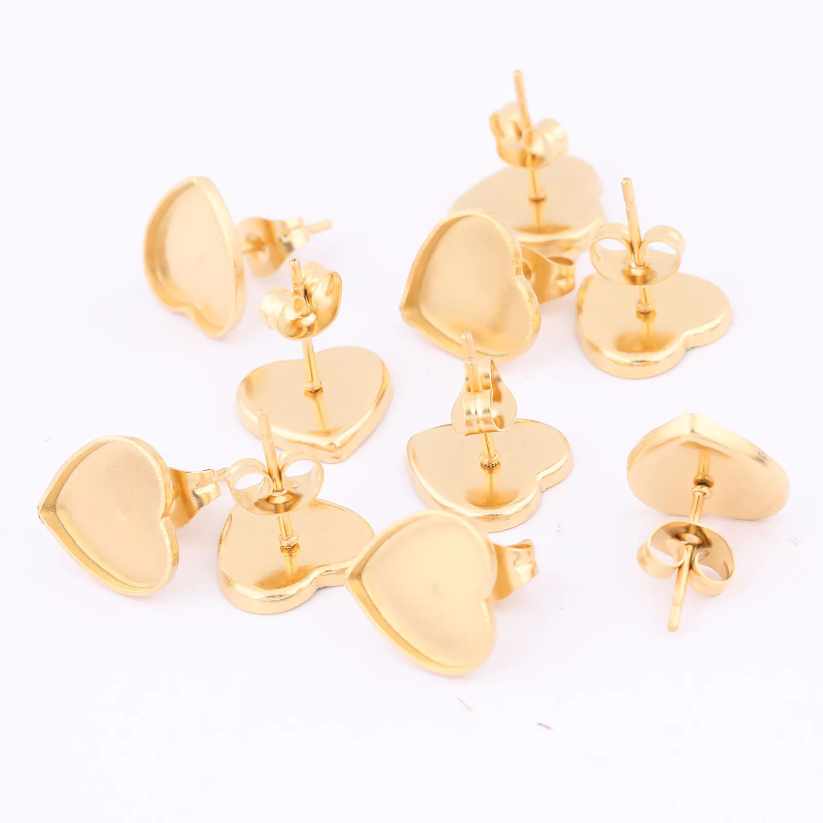 20pcs Stainless Steel Fit 10mm Heart Cabochon Earring Base Blanks Pin Studs Diy Gold Plated Black Post Earring Findings