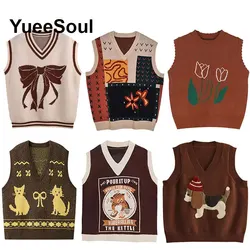 Pull en tricot à col en V marron vintage pour femmes, gilet Y2K, style japonais, nouvelle collection automne 2023