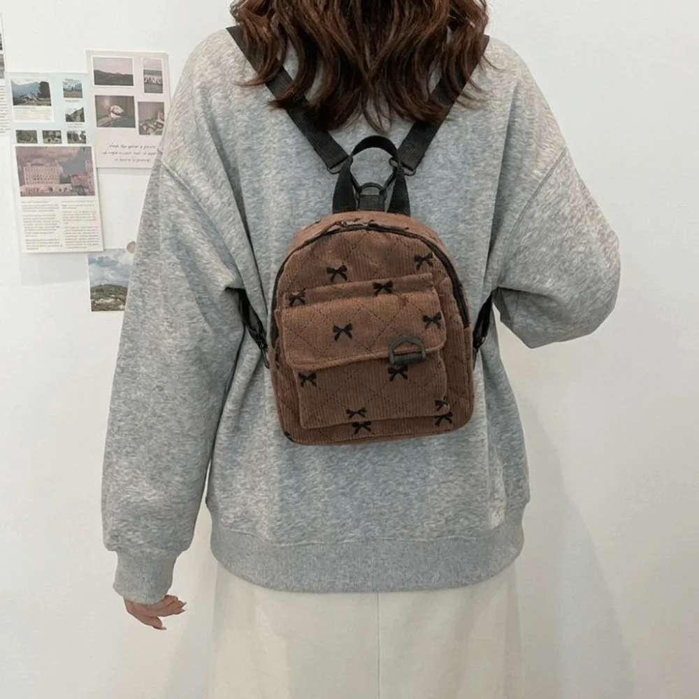 Cute Corduroy Mini Backpack Bowknot Printed Multi Layered Bow Rucksack Zipper Korean Style Student School Bag Daily