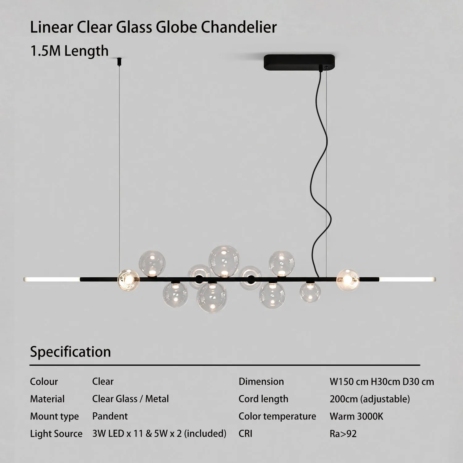 Caren moderne lineaire glazen globe kroonluchter LED keukeneilandlamp 7 verspreide bubbels acryl gloeiende uiteinden eigentijds zwart