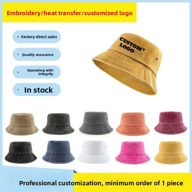 Custom Printed Logo Solid Color Washed Cotton Bucket Hat Outdoor Sunshade Fishing Bob Hats for Men and Women Embroidered Sun Cap