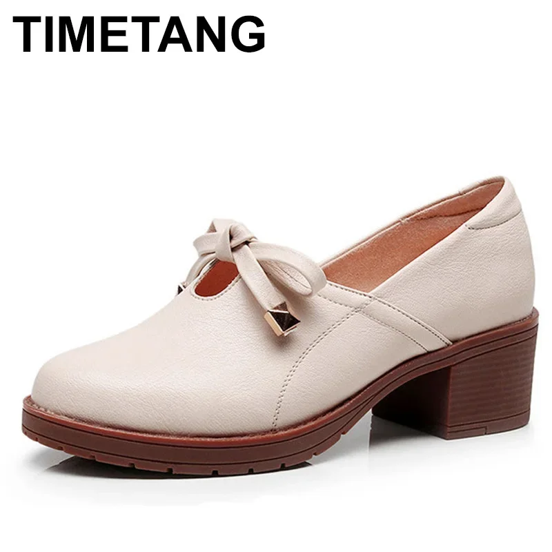 

TIMETANGPlus Size 35-43 Heel Block Platform Bow Shoes Female Oxfords Spring Summer Shallow Pumps Woman Medium Heel leather