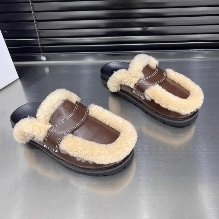 

Platform Women's Shoes Winter New Fashion Lamb Velvet Thick-soled Baotou Slippers Women's Flat-soled Warm Mules Zapatos De Mujer