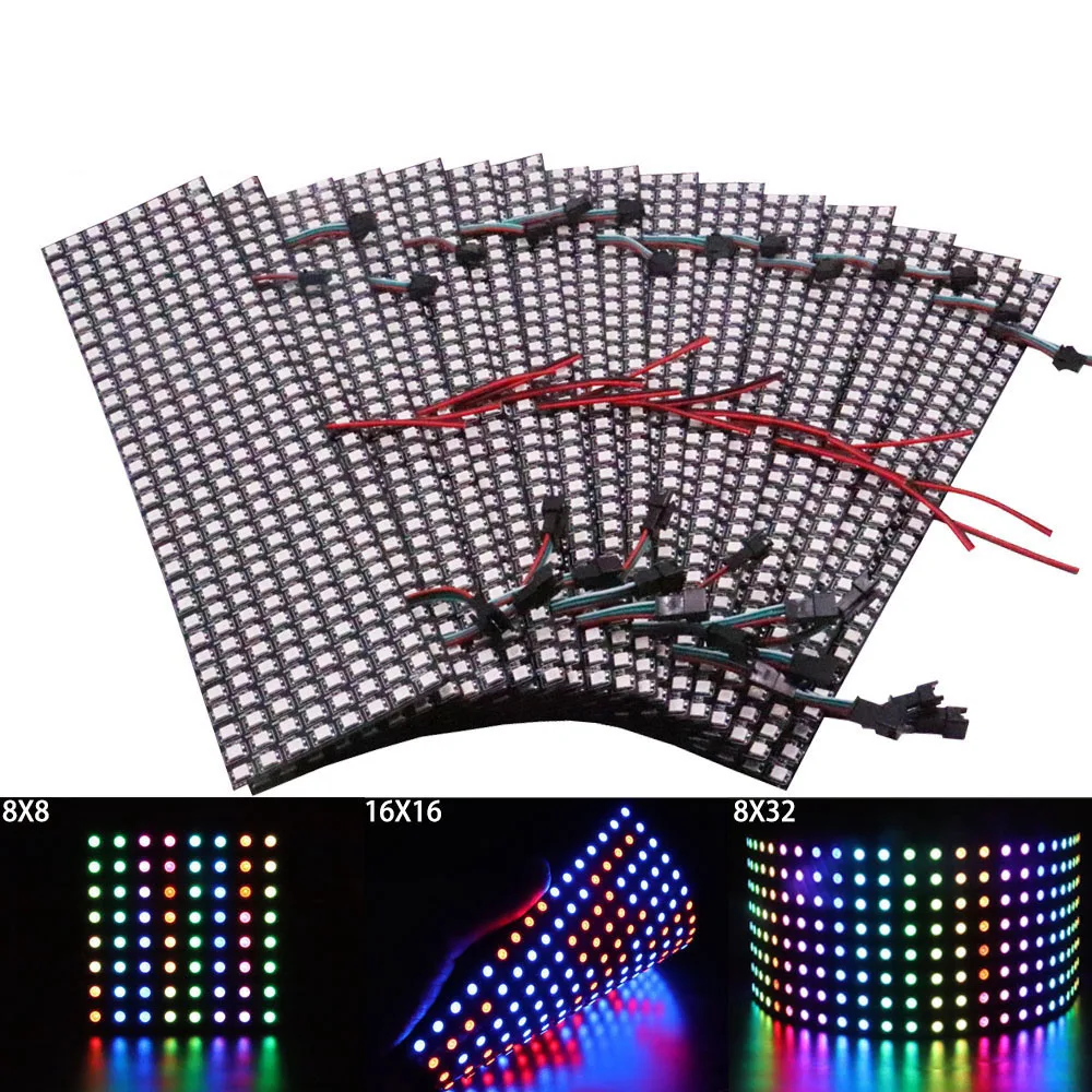 1~3PCS WS2812B RGB LED Flexible 8x8 16x16 8x32 Pixel Panel Strip Matrix Screen WS2812 Module Individually Addressable IC DC5V
