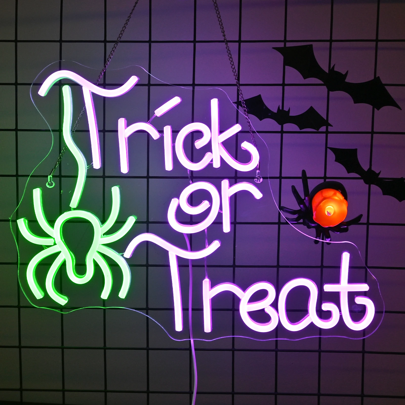 Trick Or Treat Neon Sign Funny Spider Candy Dimmable Led Neon Light For Halloween Party Home Living Room Shop Bar Wall Decor