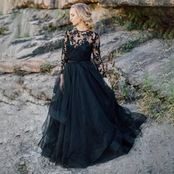 Scoop Long Sleeves A-Line Black Wedding Dress with Removable Lace Jacket Long Tulle Bridal Dress vestido de novia corto