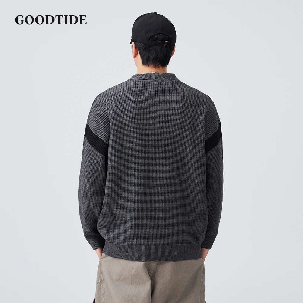 Fashion Men's Casual Polo Collar Sweater Winter Waffle Knit Pullover Comfortable Soft Long Sleeve Jumper Contrast Stripes Top