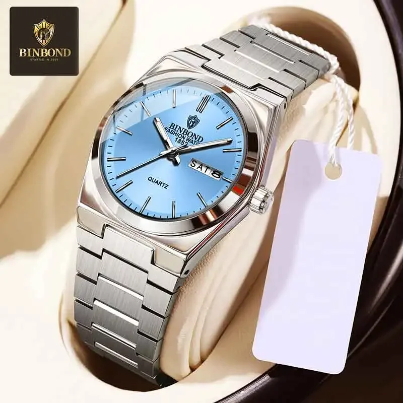 BINBOND Business Women Square Watch Ultra Thin Steel Belt Double Calendar Waterproof Female Personalized Trendy Quartz Watches
