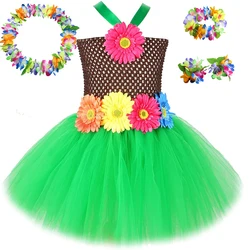 Sunflowers Hawaiian Costumes for Girls Bohemian Hula Princess Dresses for Kids Hula-hula Ballet Tutus Outfit with Flower Wreath