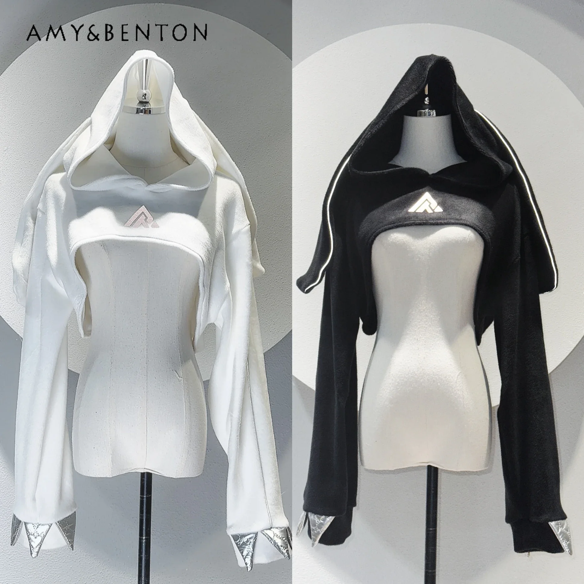 Street Punk Style Solid Color Versatile Lolita Spice Girl Hoodies Subculture Gothic Luminous Printed Hooded Short Coat Women