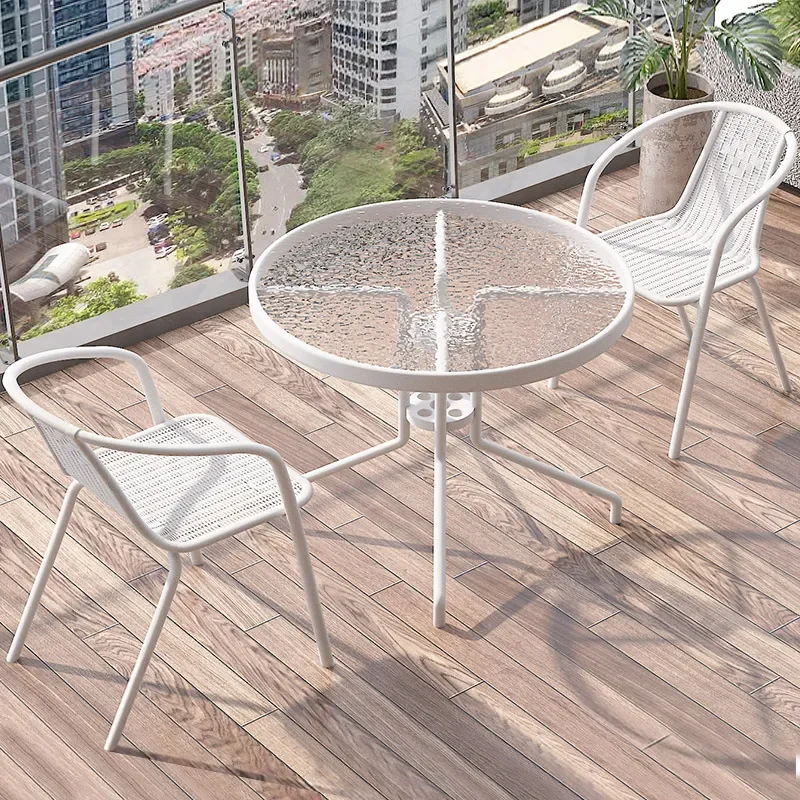 3 Piece Outdoor Patio Set White Glass Top Balcony Table and Chairs Stackable Courtyard Furniture for Small Spaces