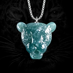 Jia Le/ Hand-carved/ 925 Silver Inlaid with Natural Jade Blue Water Leopard Heand Necklace Pendant Men Women Couple Amulet Gift