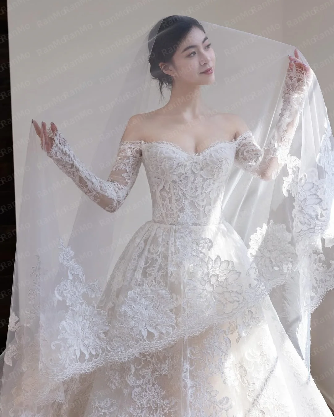 Ranmo 2026 Elegant luxurious White Lace Sweetheart Collar Off the Shoulder Wedding Party Dress A-line Floor-Length Customized