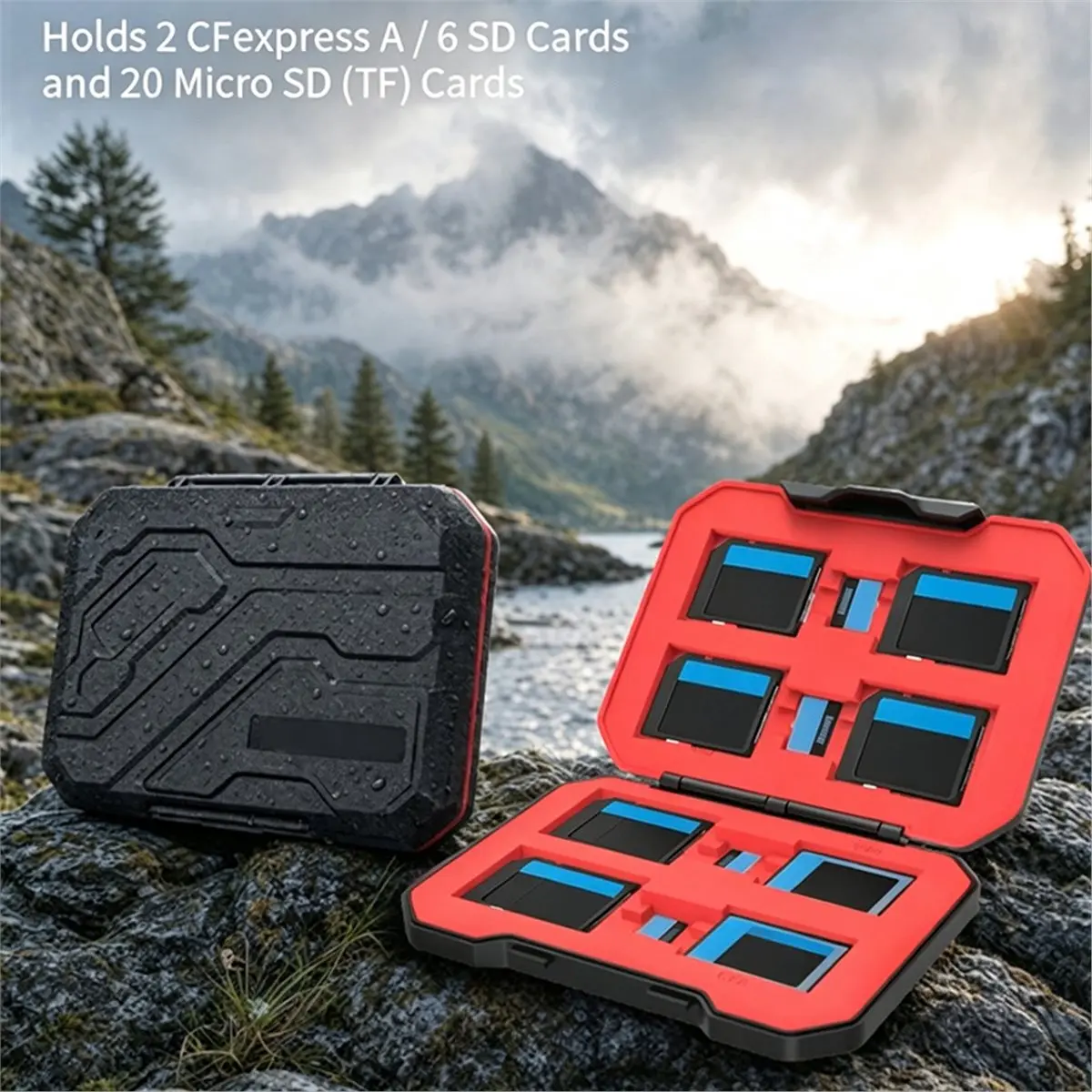 T20 Portable Memory Card Holder 28 Slots Memory Card Case for SD Micro CFexpress Type A Cards Black Red
