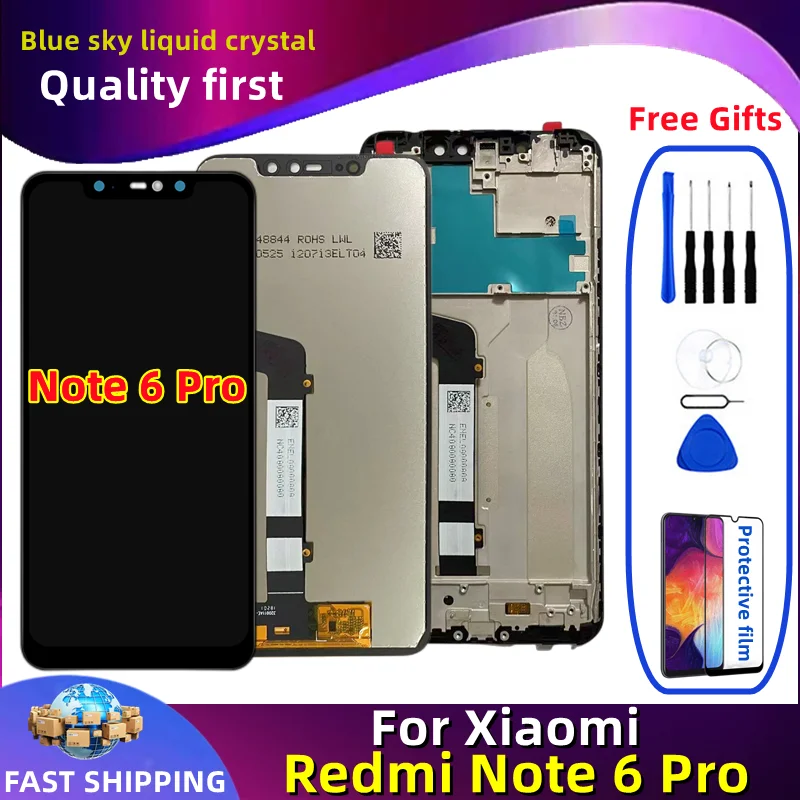 Original Xiaomi Redmi Note 6 Pro LCD with Frame, Mobile Phone Display, Touch Screen Digitizer Assembly Replacement, M1806E7TG