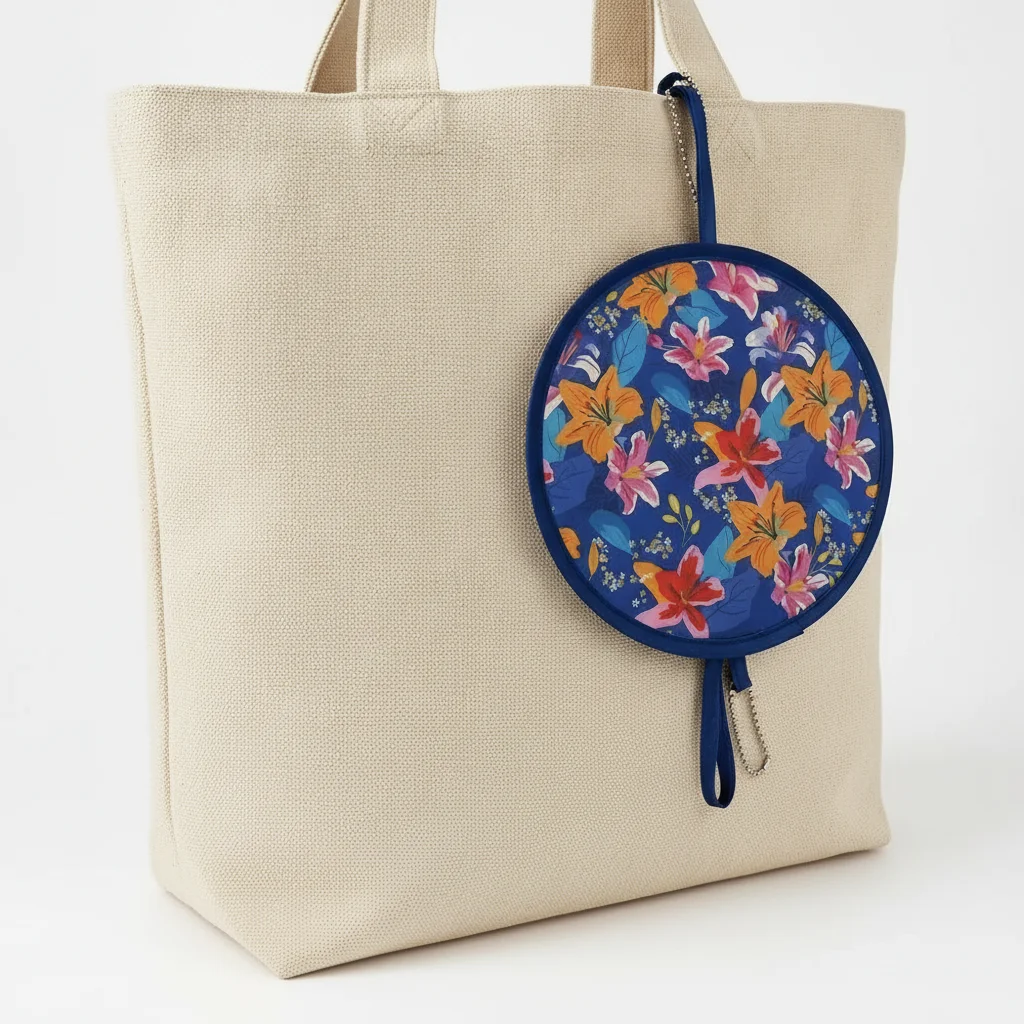 Decorative Japanese Style Folding Fan Round Flower Pattern Handheld Fan With Pocket Collapsible Fan Summer Travel