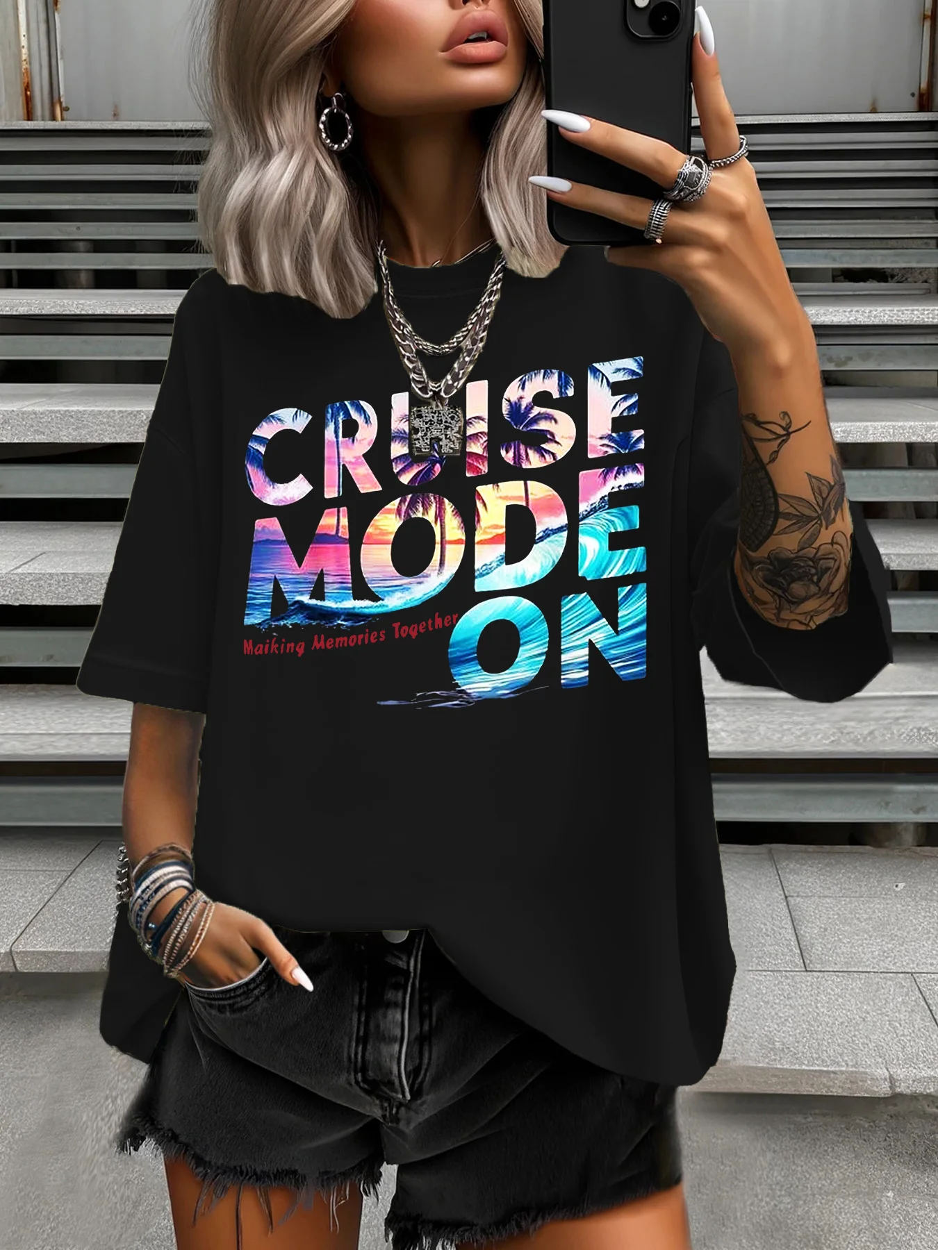 Summer Women's T-Shirt Original Design Fashion Colorful Letters Printed Women's Casual Round Neck Short Sleeved Tops