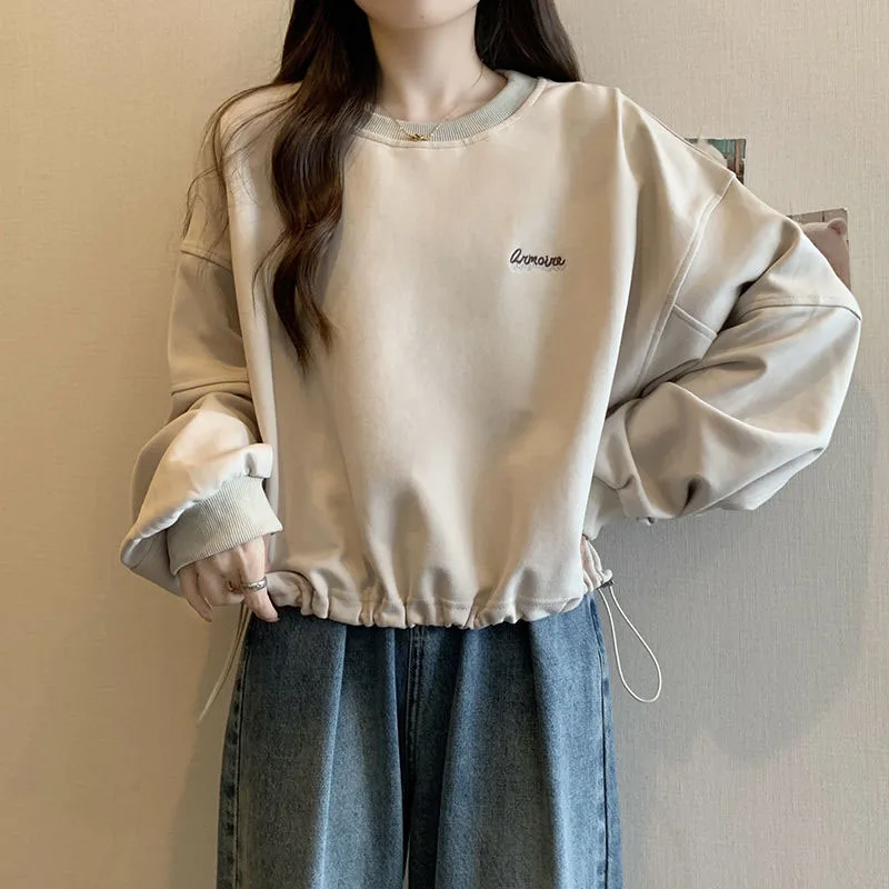 New Spring and Autumn Fashion Korean Edition Pull Cord Round Neck Large Loose Versatile Slim Thin Women\'s Long Sleeve Sweater