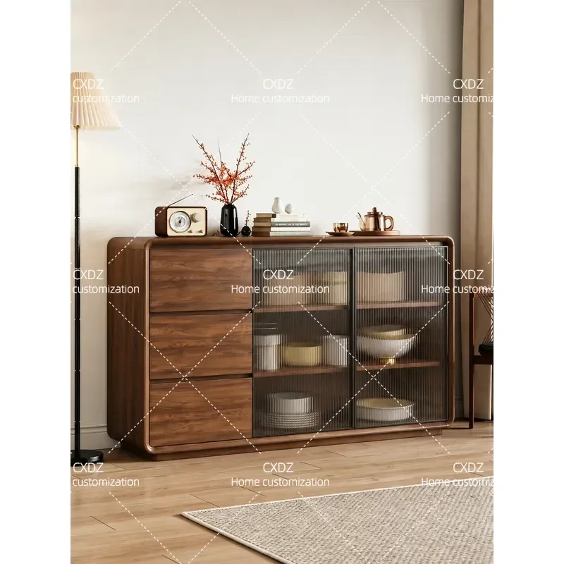 Solid Wood Dining Side Cabinet Integrated Storage Wall Unit Household Coffee Tea Cabinet Mid Century Modern Living Room Low